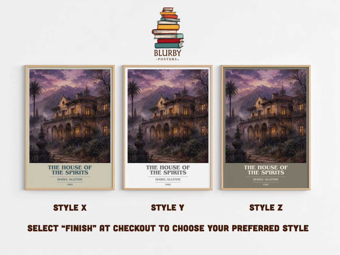 The House of the Spirits book cover print in frame leaning in hallway – literary fiction wall art (mockup)