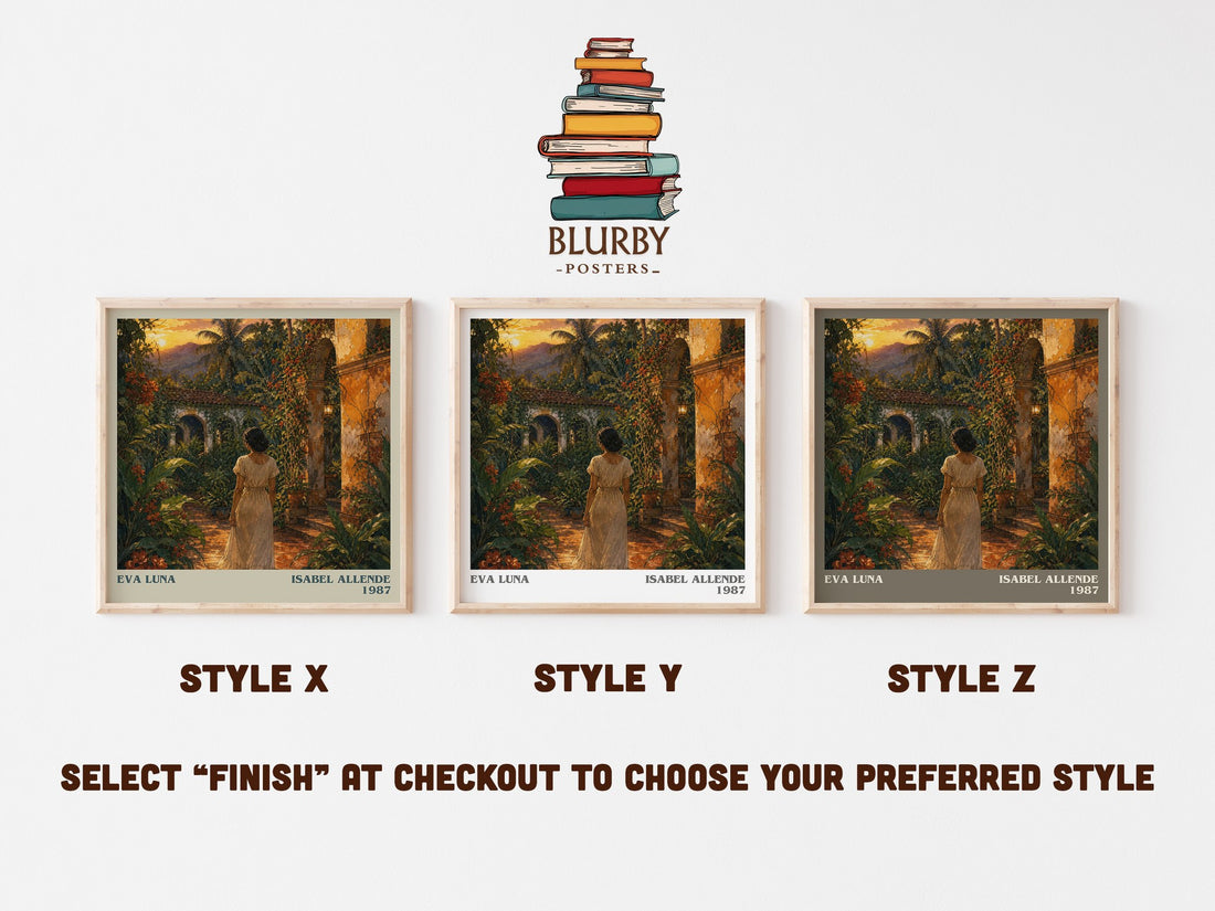 Eva Luna literary print in frame leaning in hallway – literary fiction wall art (mockup)