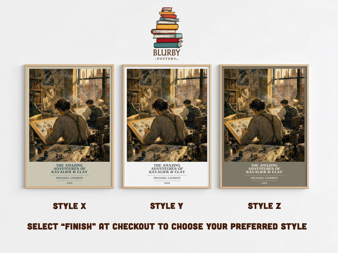 The Amazing Adventures of Kavalier & Clay book cover print in frame leaning in hallway – literary fiction wall art (mockup)