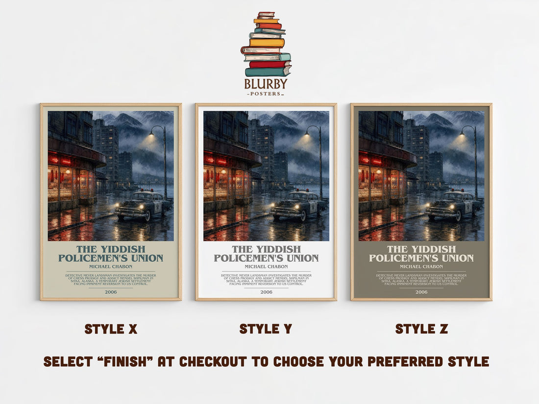 The Yiddish Policemen's Union bookish print in frame leaning in hallway – mystery wall art (mockup)