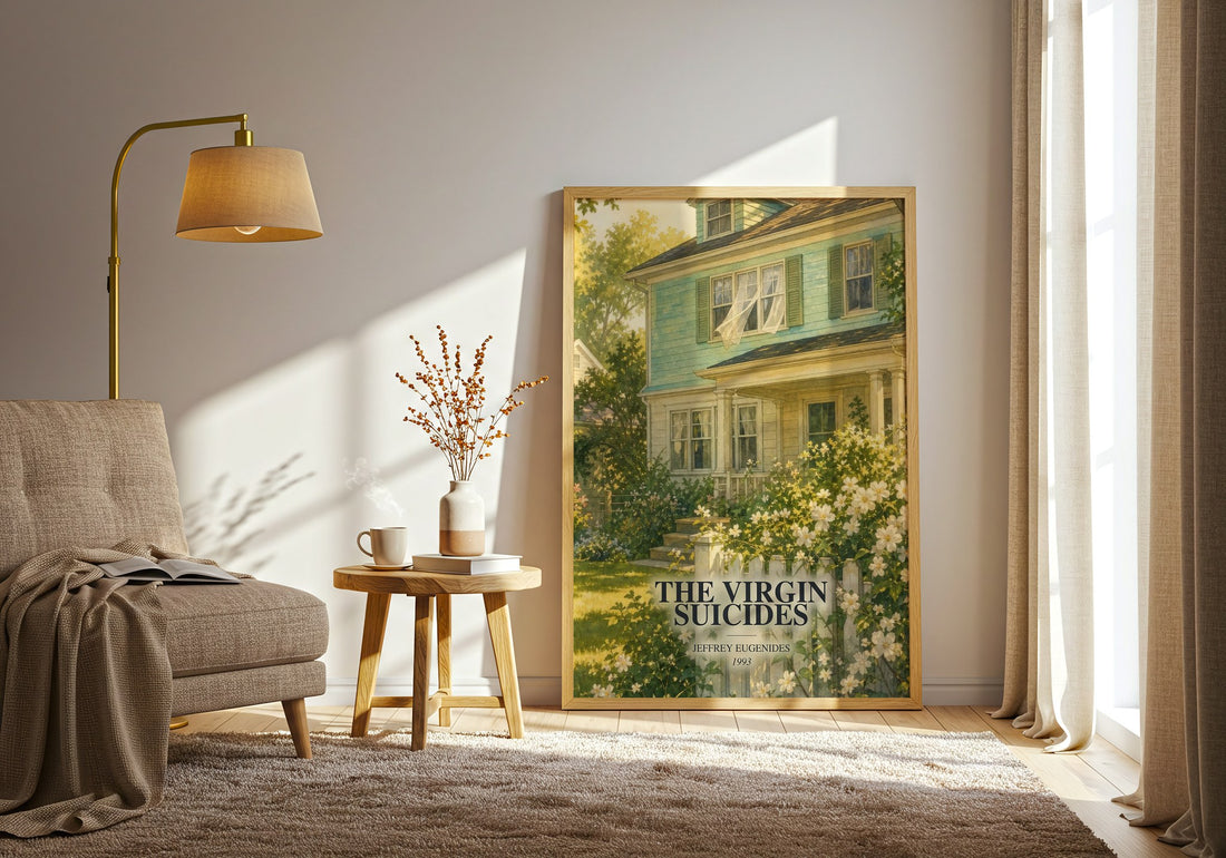 The Virgin Suicides watercolour print in frame leaning in hallway – literary fiction wall art (mockup)