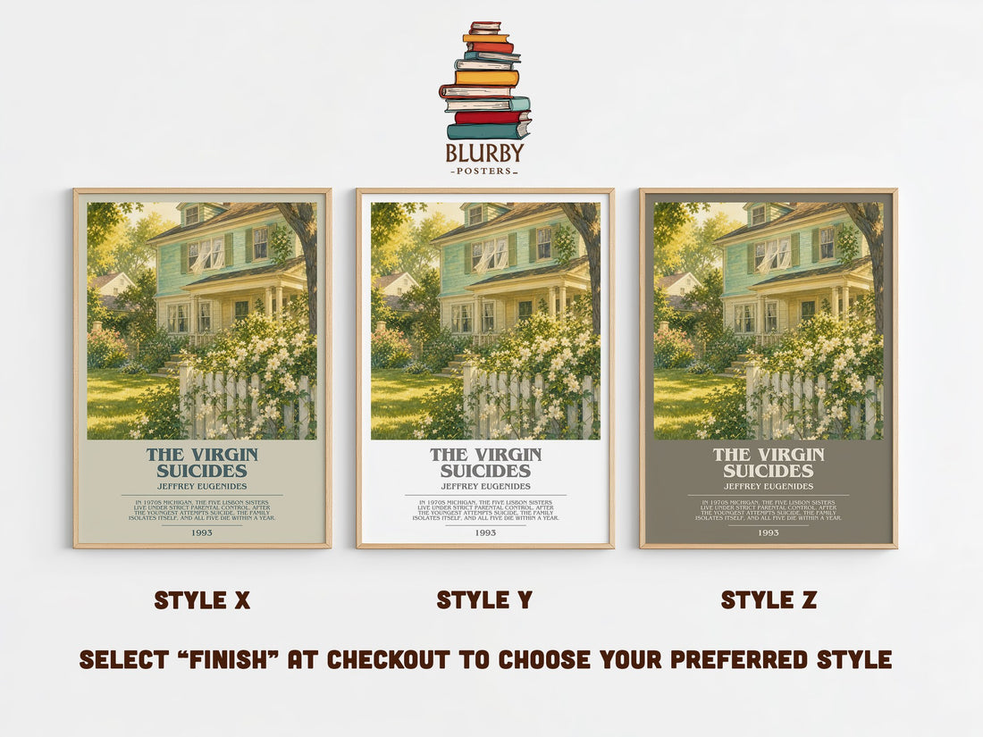 The Virgin Suicides bookish print in frame leaning in hallway – literary fiction wall art (mockup)