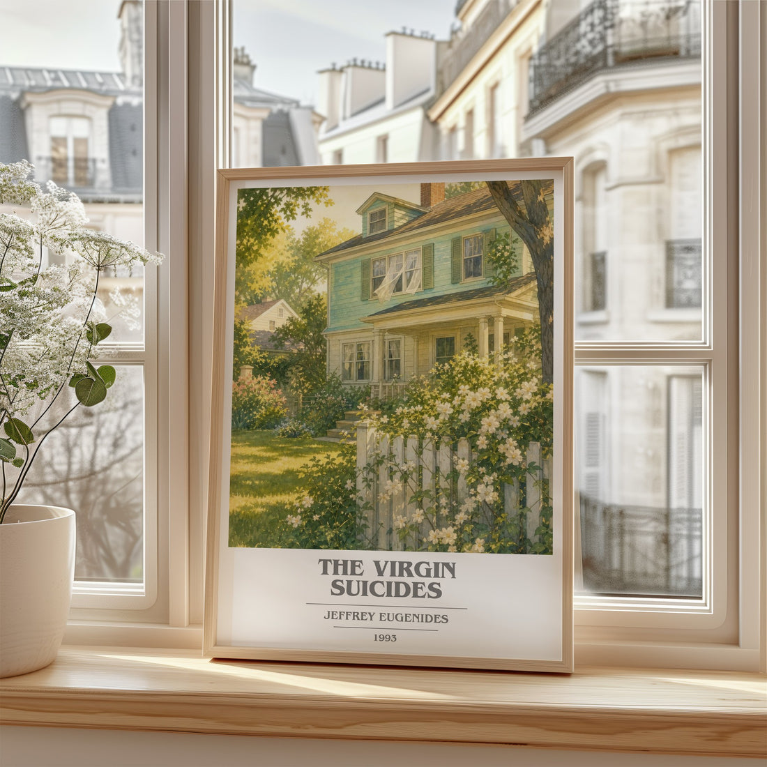 The Virgin Suicides Book Cover Poster by Jeffrey Eugenides – framed print by a bright window