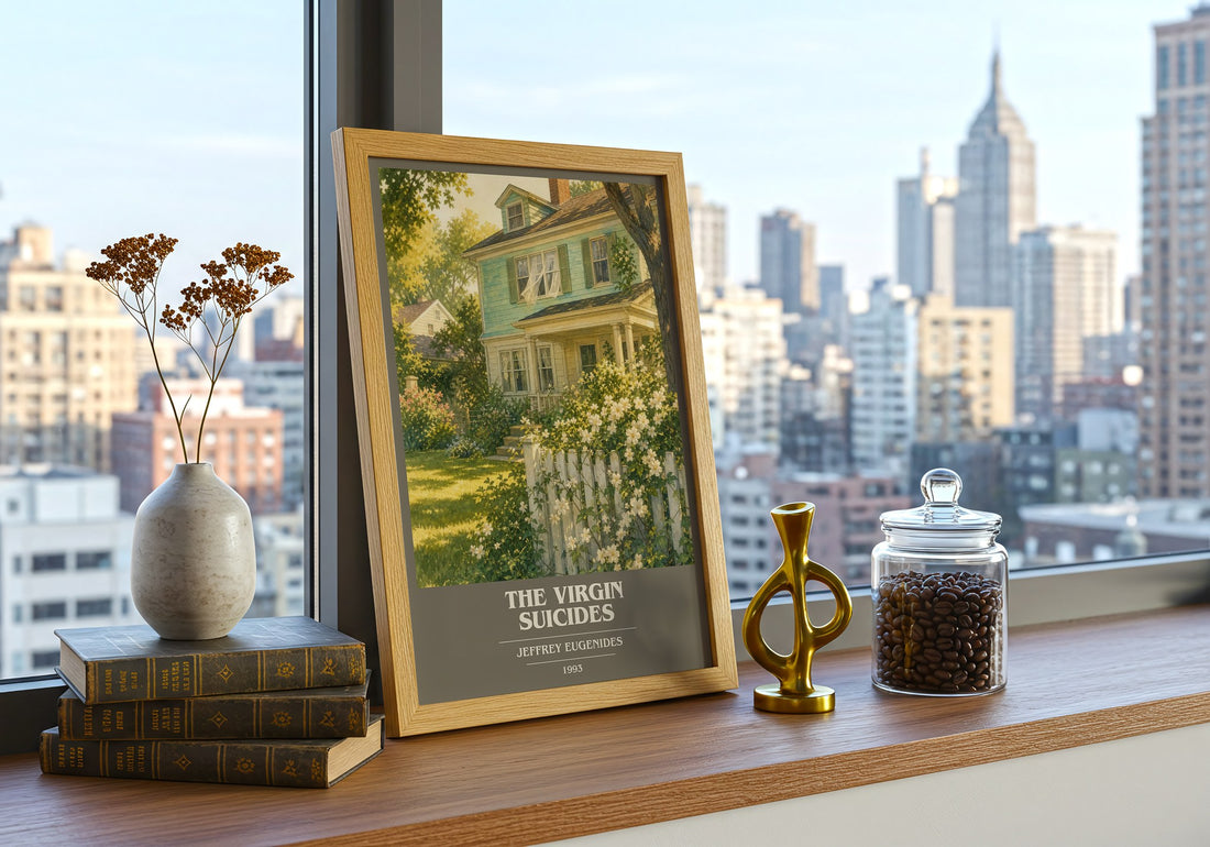 The Virgin Suicides Book Cover Poster by Jeffrey Eugenides – framed print on a city-view windowsill