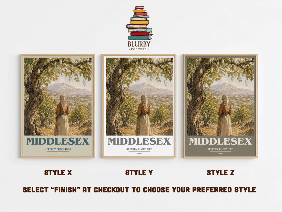 Middlesex book cover print in frame leaning in hallway – literary fiction wall art (mockup)