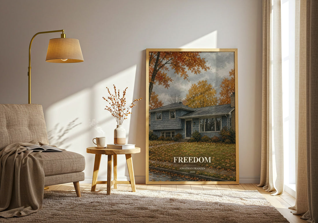 Freedom watercolour print in frame leaning in hallway – literary fiction wall art (mockup)