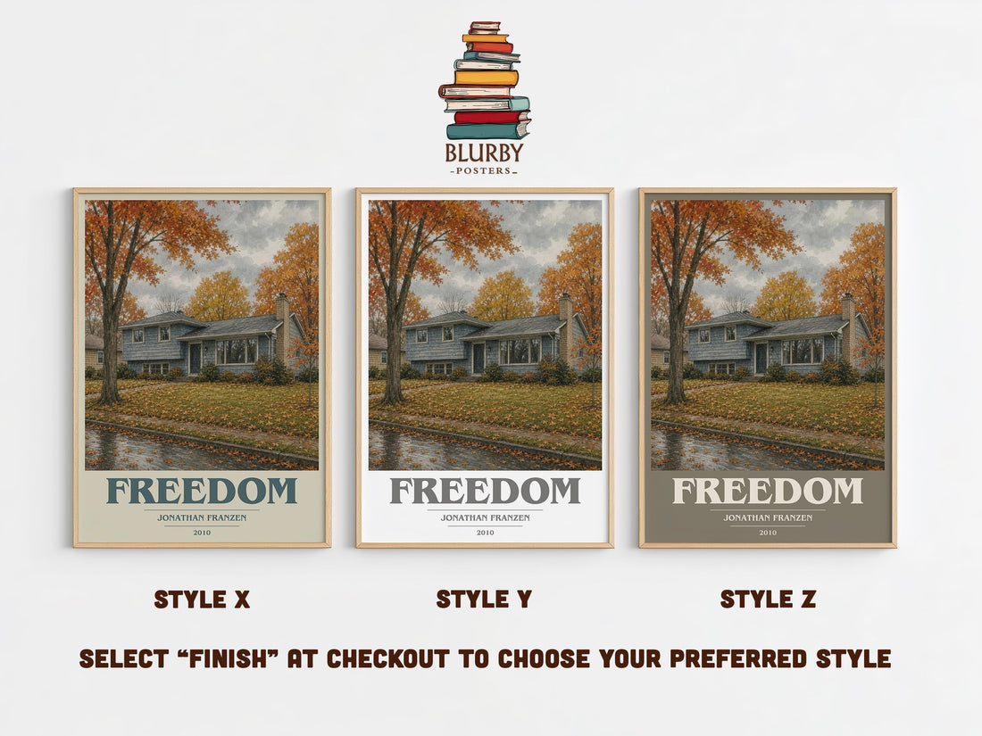 Freedom book cover print in frame leaning in hallway – literary fiction wall art (mockup)