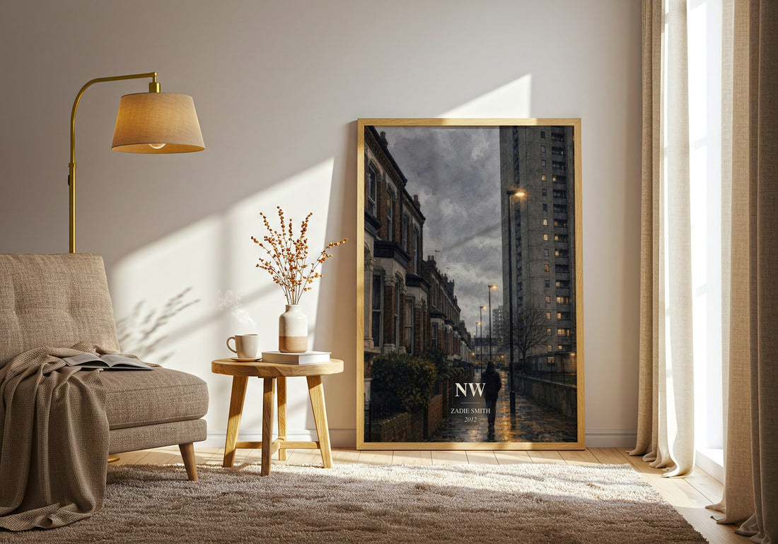 NW watercolour print in frame leaning in hallway – contemporary fiction wall art (mockup)