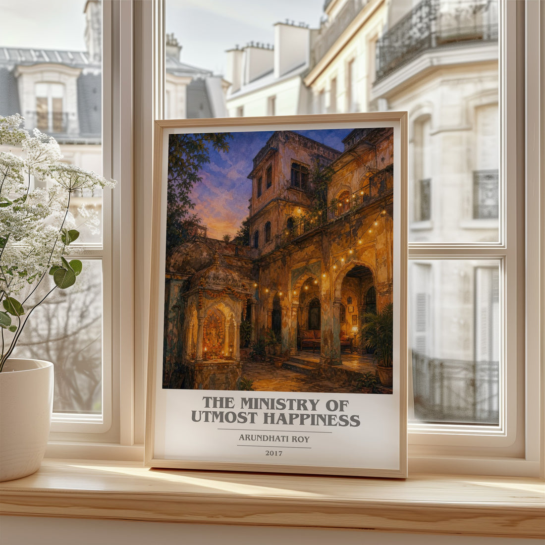 The Ministry of Utmost Happiness Book Cover Poster by Arundhati Roy – framed print by a bright window