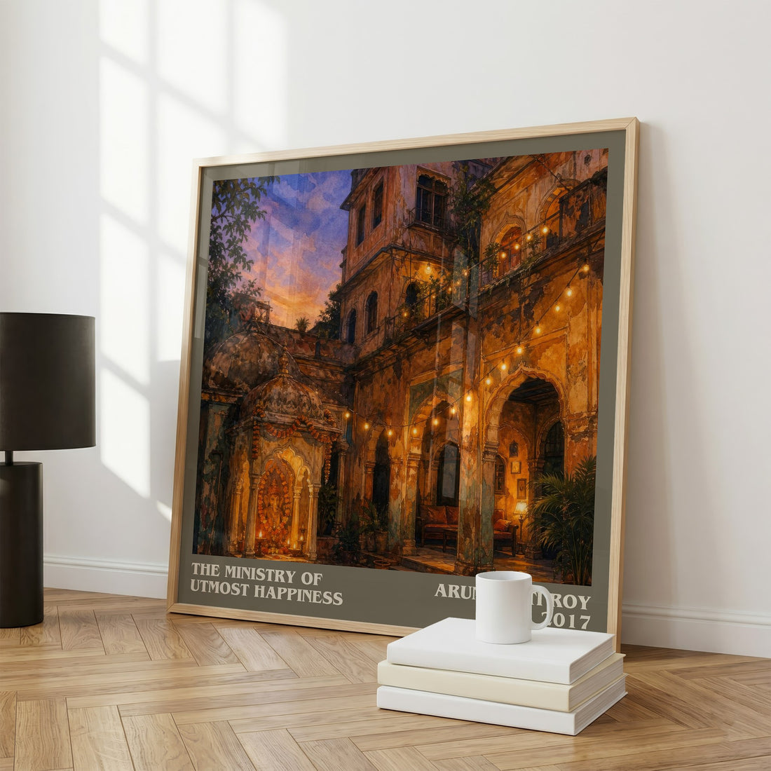 The Ministry of Utmost Happiness literary print framed by window – literary home decor