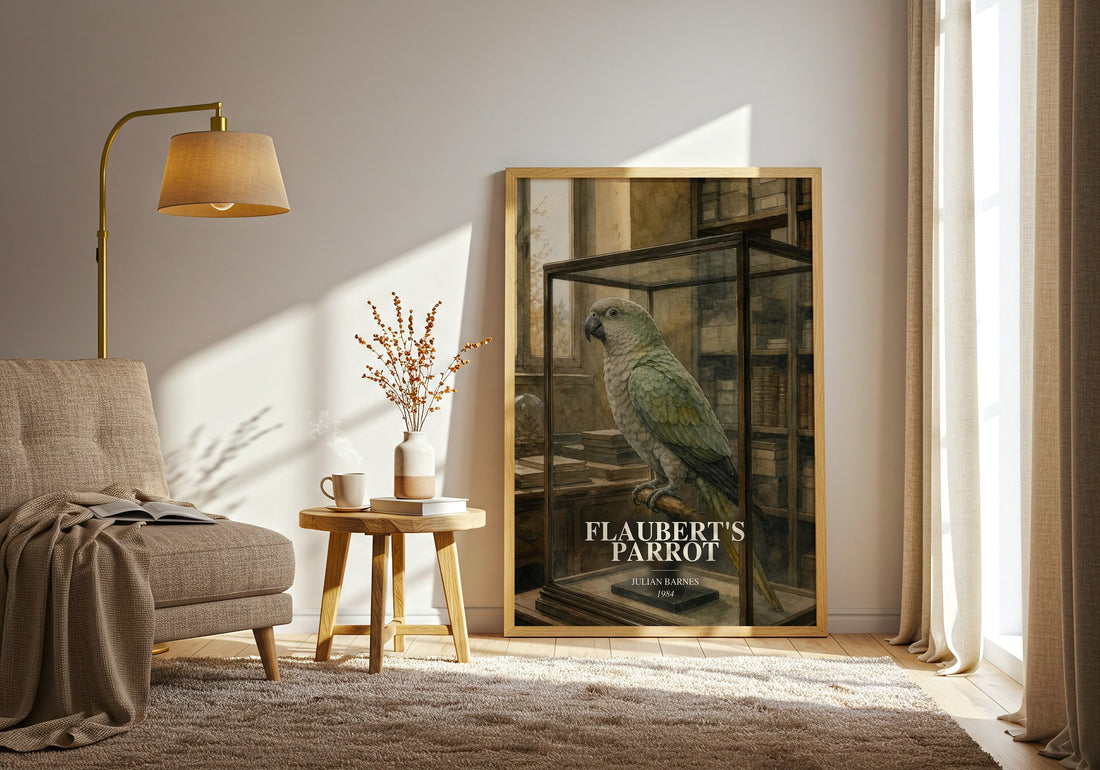 Flaubert's Parrot watercolour print in frame leaning in hallway – literary fiction wall art (mockup)