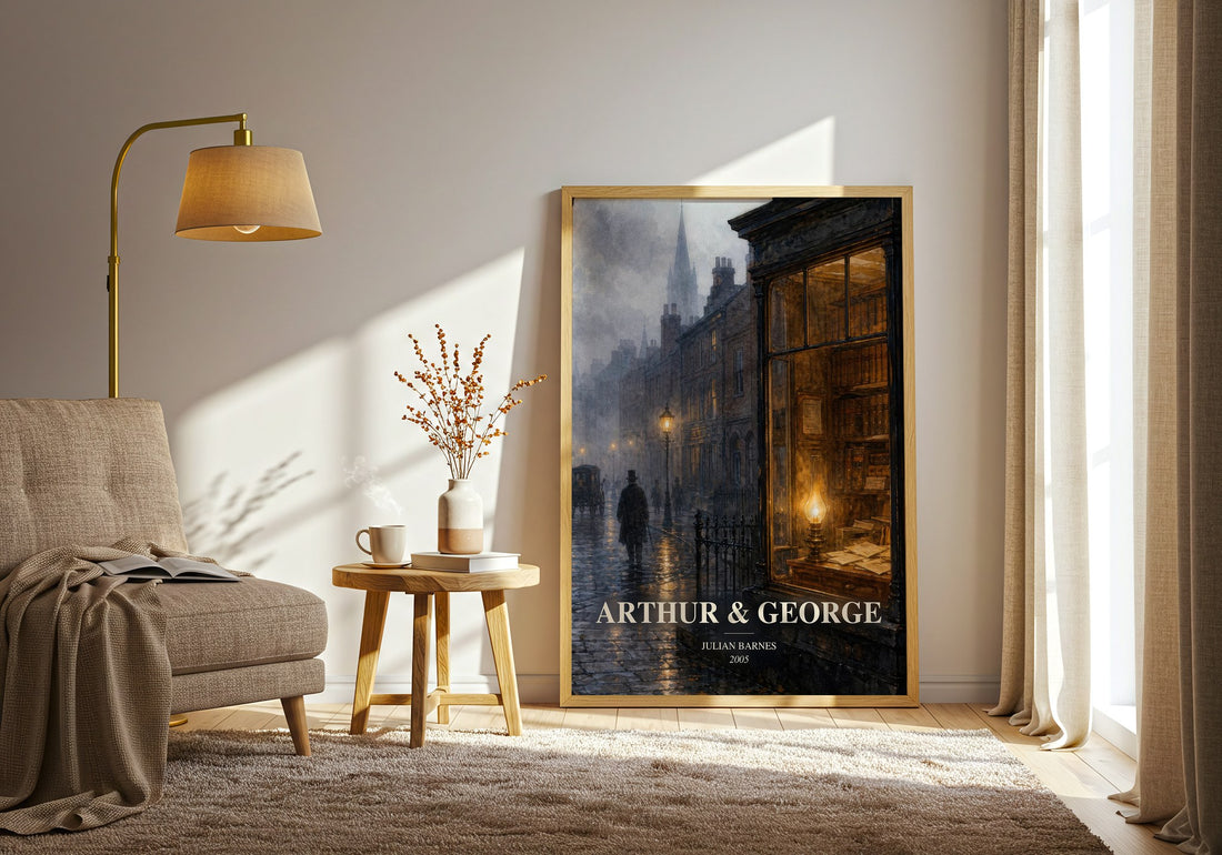 Arthur & George watercolour print in frame leaning in hallway – historical fiction wall art (mockup)