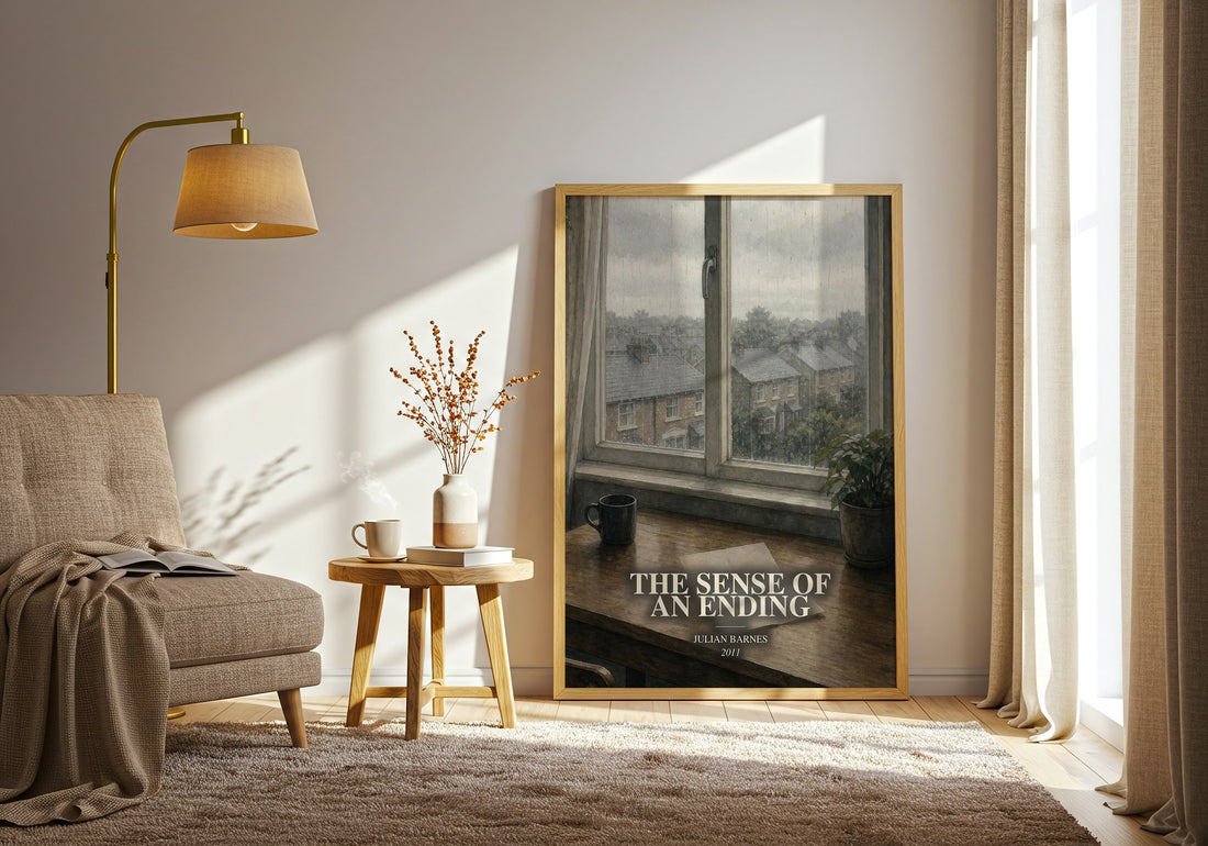 The Sense of an Ending watercolour print in frame leaning in hallway – literary fiction wall art (mockup)