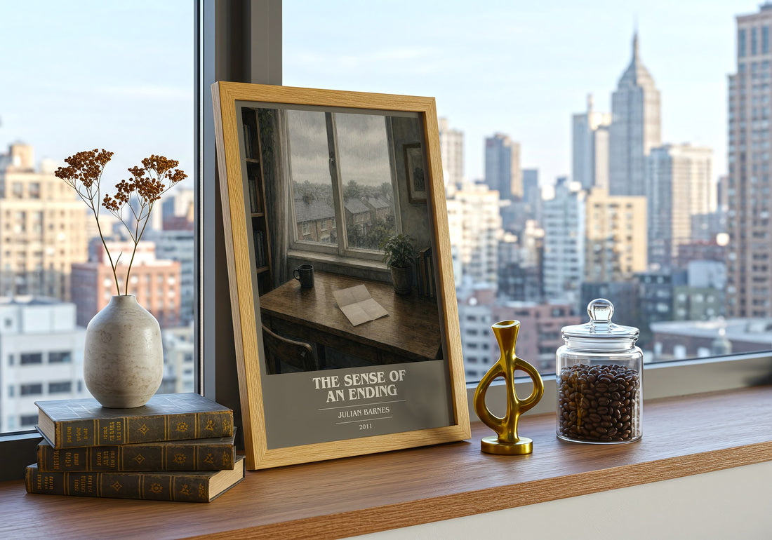 The Sense of an Ending book cover print framed by window – literary home decor