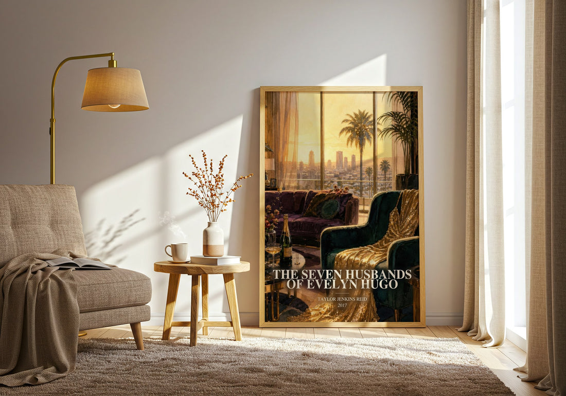 The Seven Husbands of Evelyn Hugo watercolour print in frame leaning in hallway – contemporary fiction wall art (mockup)