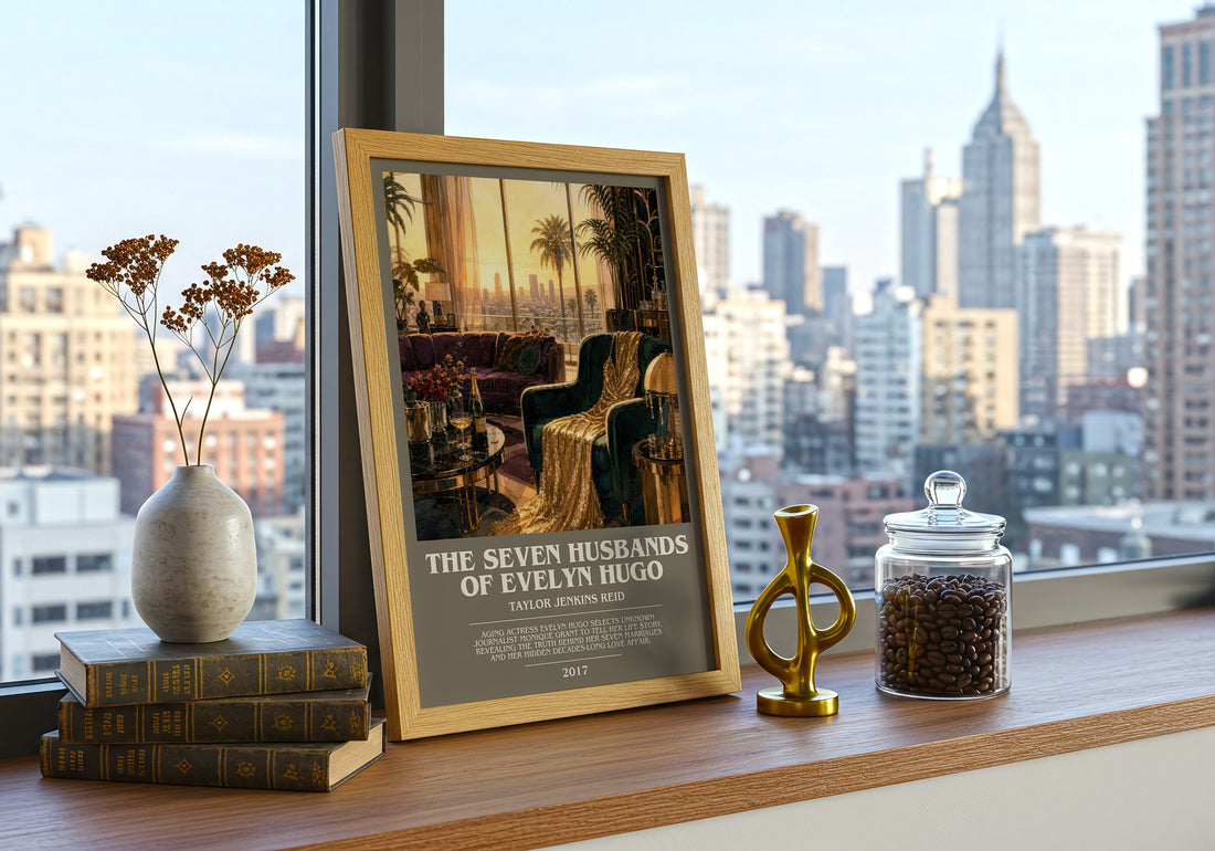 The Seven Husbands of Evelyn Hugo bookish print framed by window – literary home decor
