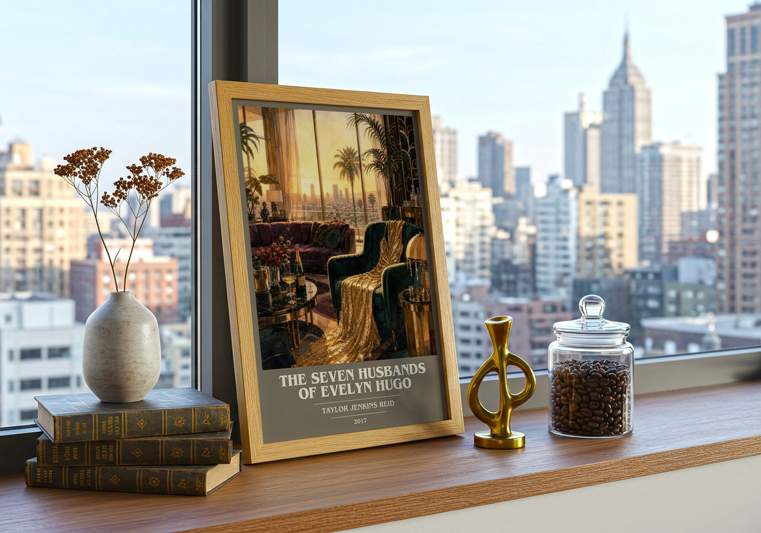 The Seven Husbands of Evelyn Hugo book cover print framed by window – literary home decor