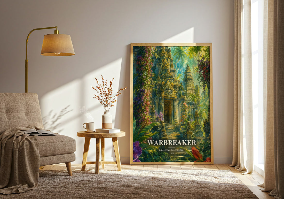 Warbreaker watercolour print in frame leaning in hallway – fantasy wall art (mockup)