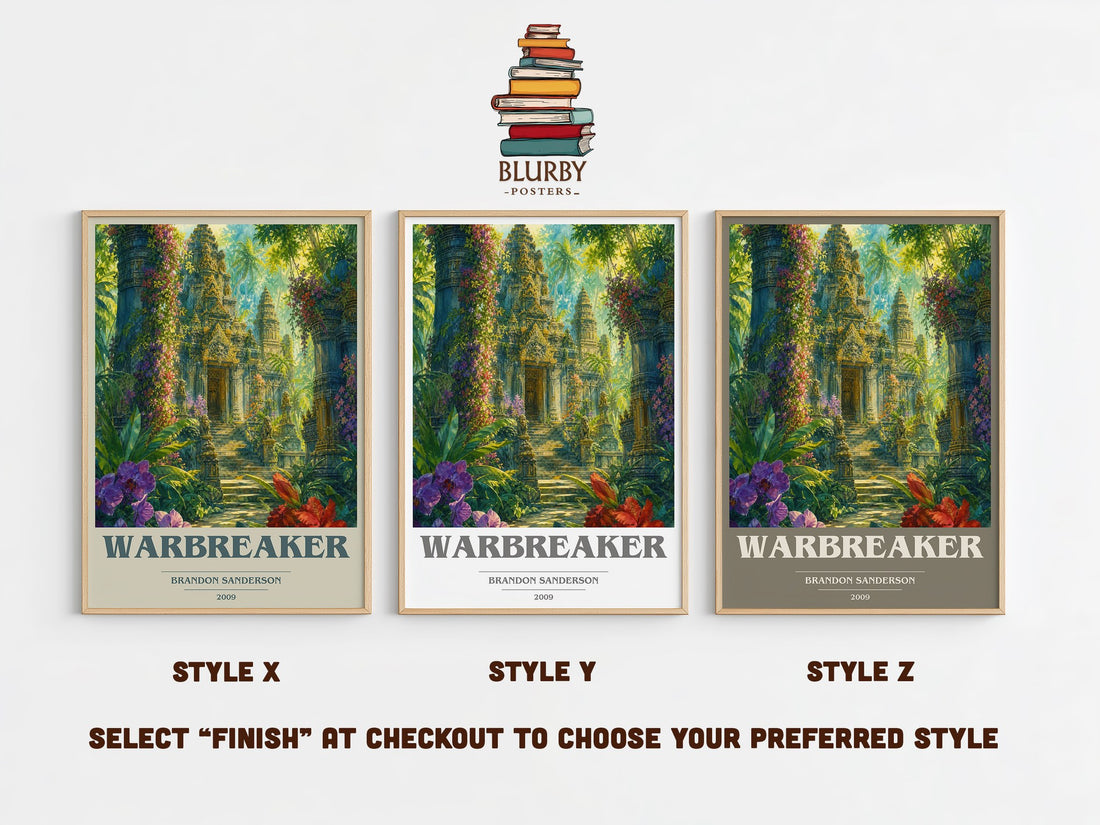 Warbreaker book cover print in frame leaning in hallway – fantasy wall art (mockup)