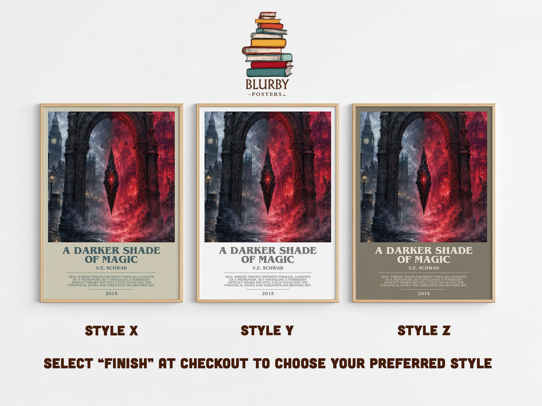 A Darker Shade of Magic bookish print in frame leaning in hallway – fantasy wall art (mockup)