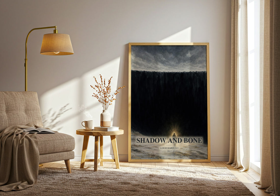Shadow and Bone watercolour print in frame leaning in hallway – fantasy wall art (mockup)