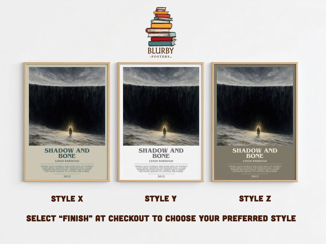 Shadow and Bone bookish print in frame leaning in hallway – fantasy wall art (mockup)