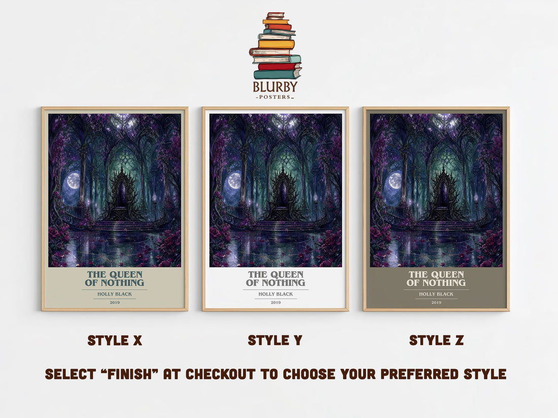 The Queen of Nothing book cover print in frame leaning in hallway – fantasy wall art (mockup)