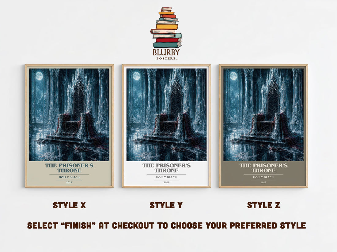 The Prisoner's Throne book cover print in frame leaning in hallway – fantasy wall art (mockup)