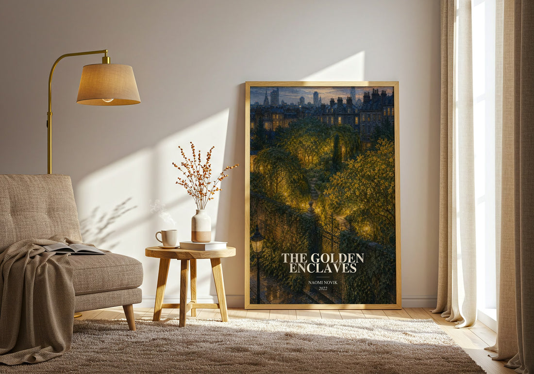 The Golden Enclaves watercolour print in frame leaning in hallway – fantasy wall art (mockup)