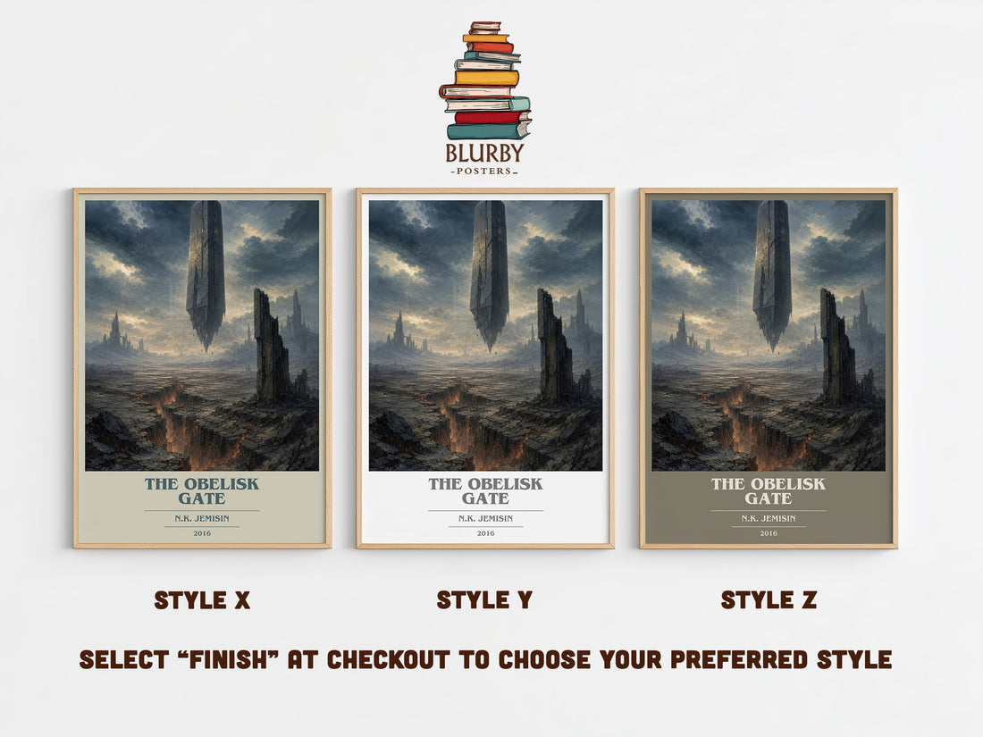 The Obelisk Gate book cover print in frame leaning in hallway – fantasy wall art (mockup)