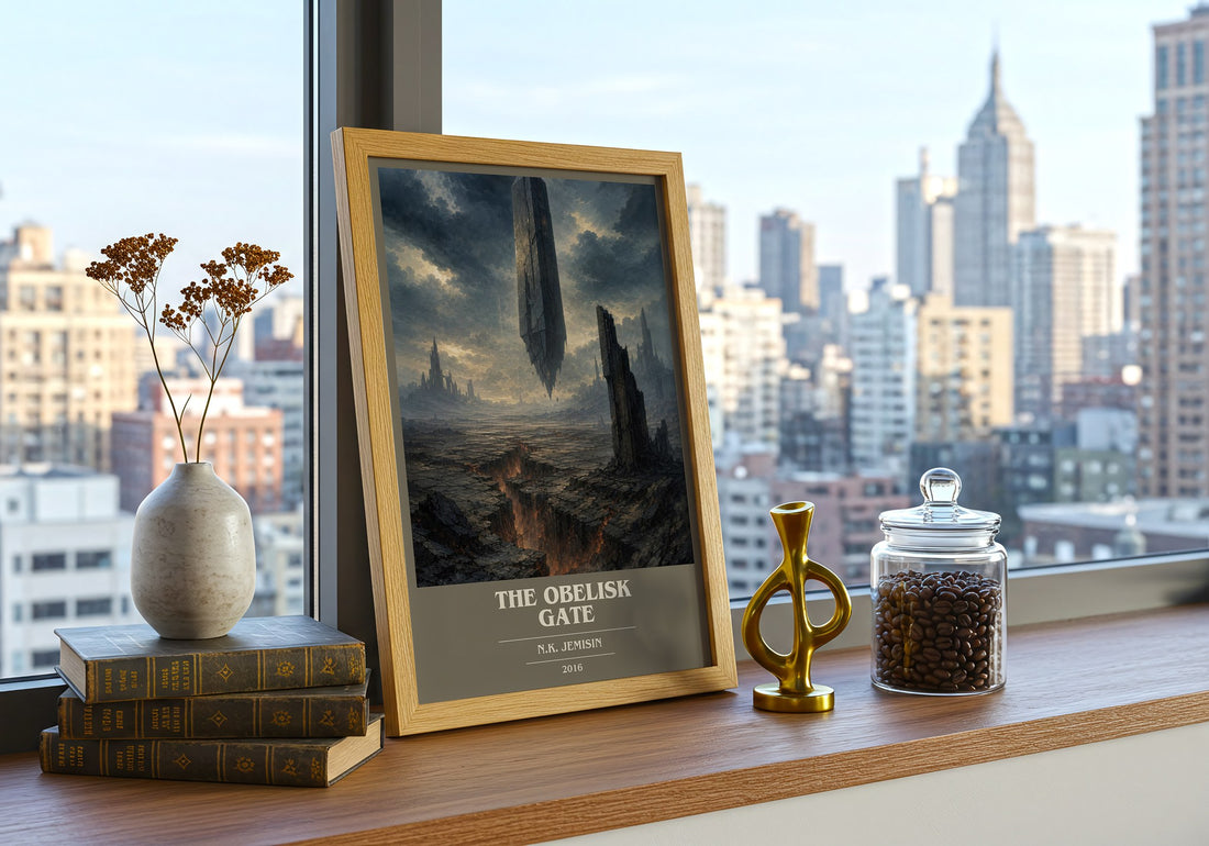 The Obelisk Gate book cover print framed by window – literary home decor