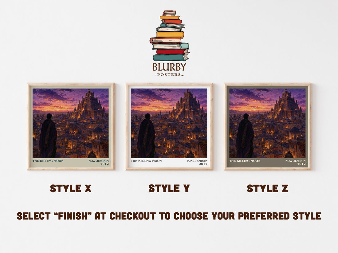 The Killing Moon literary print in frame leaning in hallway – fantasy wall art (mockup)