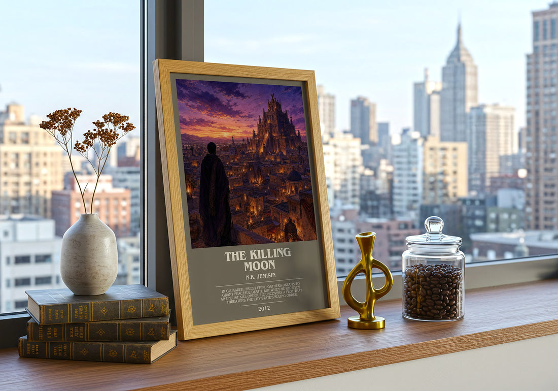 The Killing Moon bookish print framed by window – literary home decor