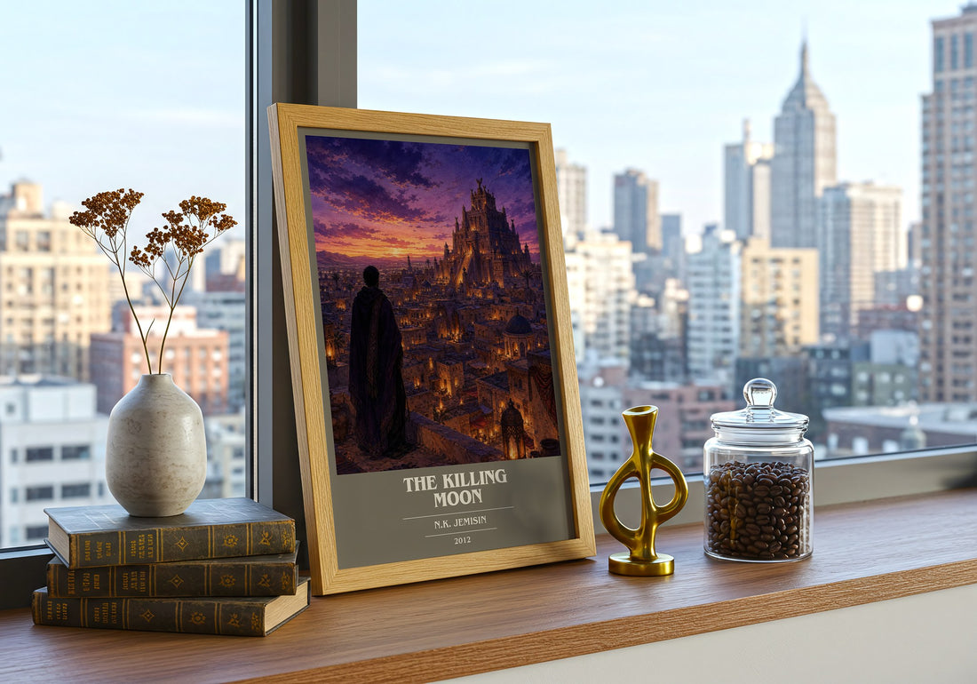 The Killing Moon book cover print framed by window – literary home decor