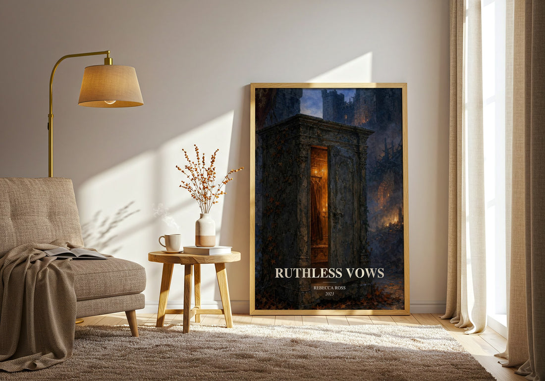 Ruthless Vows watercolour print in frame leaning in hallway – fantasy wall art (mockup)