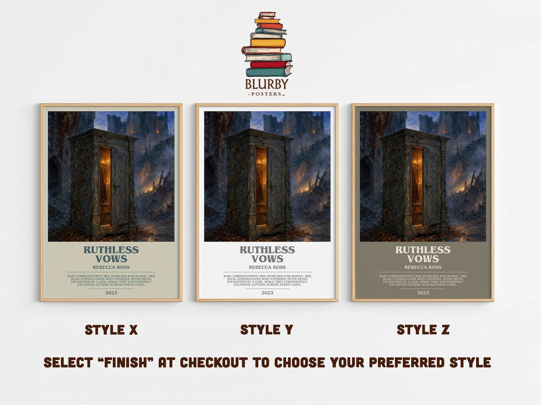 Ruthless Vows bookish print in frame leaning in hallway – fantasy wall art (mockup)