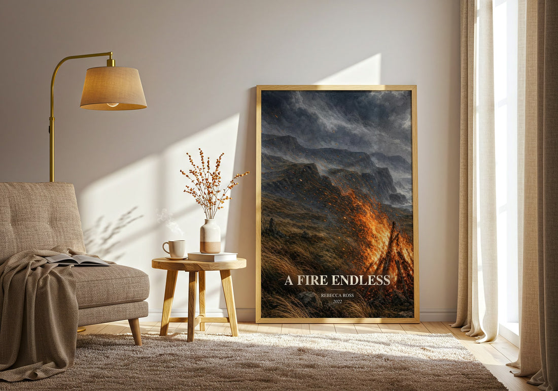 A Fire Endless watercolour print in frame leaning in hallway – fantasy wall art (mockup)