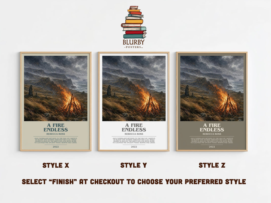 A Fire Endless bookish print in frame leaning in hallway – fantasy wall art (mockup)