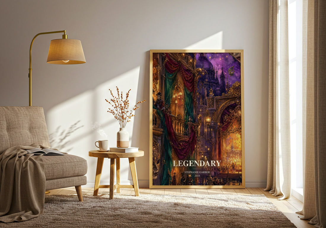 Legendary watercolour print in frame leaning in hallway – fantasy wall art (mockup)