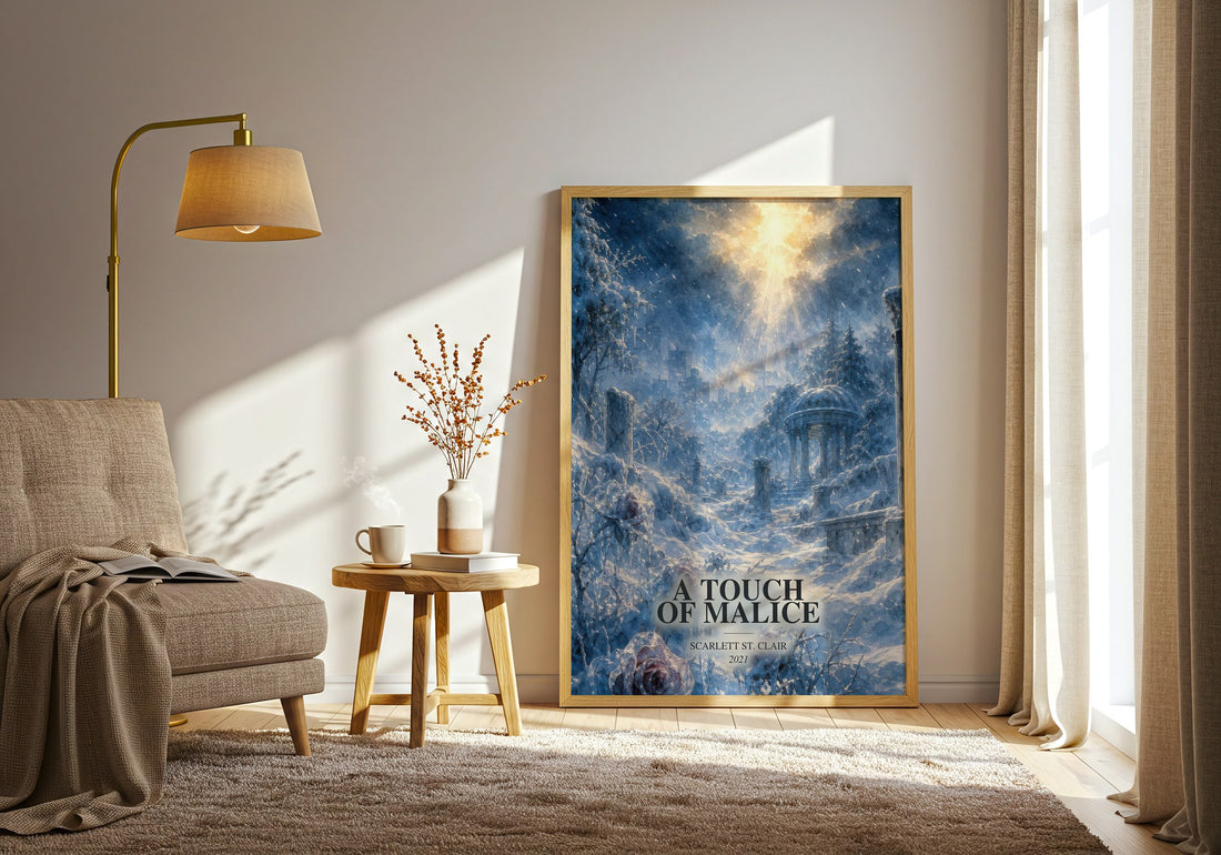 A Touch of Malice watercolour print in frame leaning in hallway – fantasy wall art (mockup)