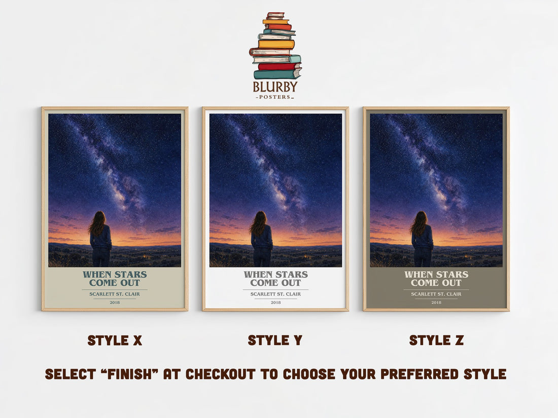 When Stars Come Out book cover print in frame leaning in hallway – fantasy wall art (mockup)