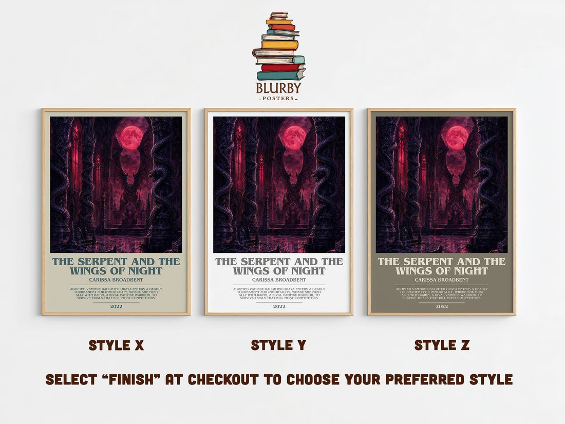 The Serpent and the Wings of Night bookish print in frame leaning in hallway – fantasy wall art (mockup)