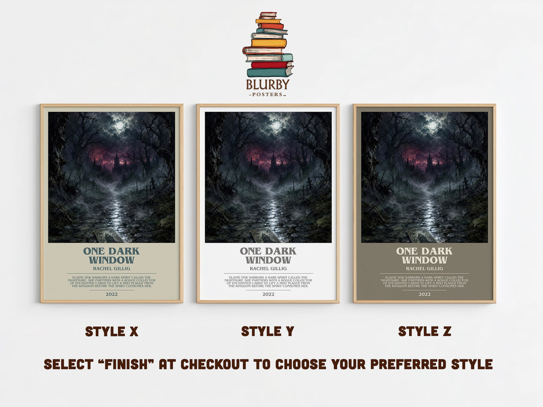One Dark Window bookish print in frame leaning in hallway – fantasy wall art (mockup)