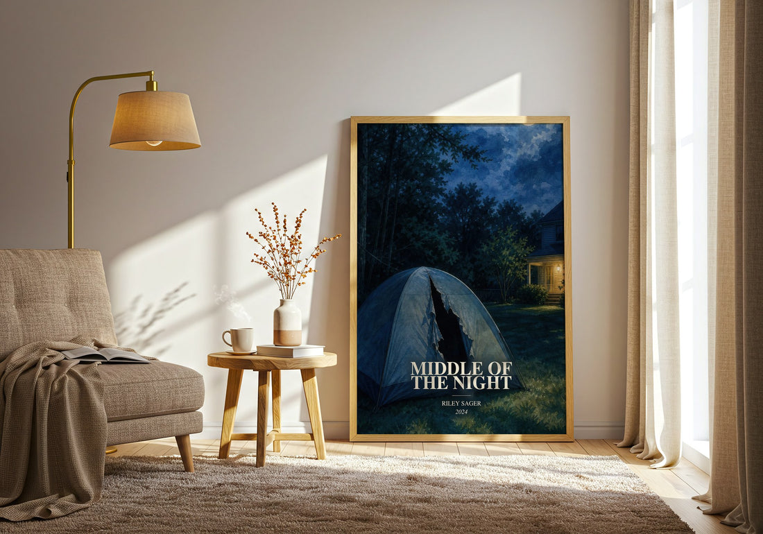 Middle of the Night watercolour print in frame leaning in hallway – thriller wall art (mockup)