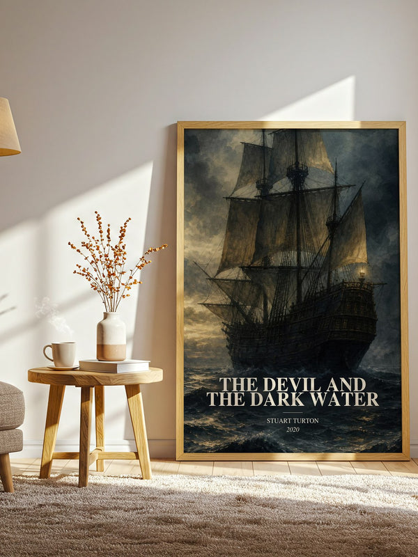 The Devil and the Dark Water watercolour print in frame leaning in hallway – mystery wall art