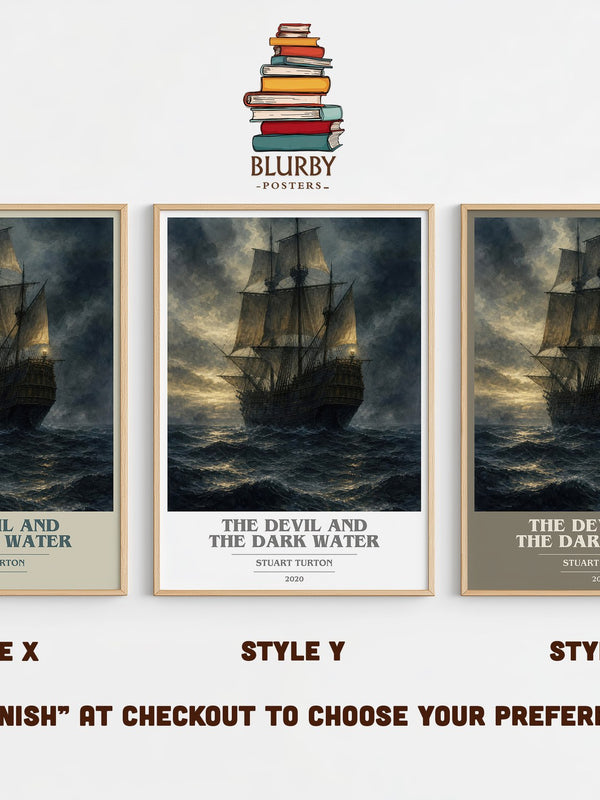 The Devil and the Dark Water book cover print in frame leaning in hallway – mystery wall art