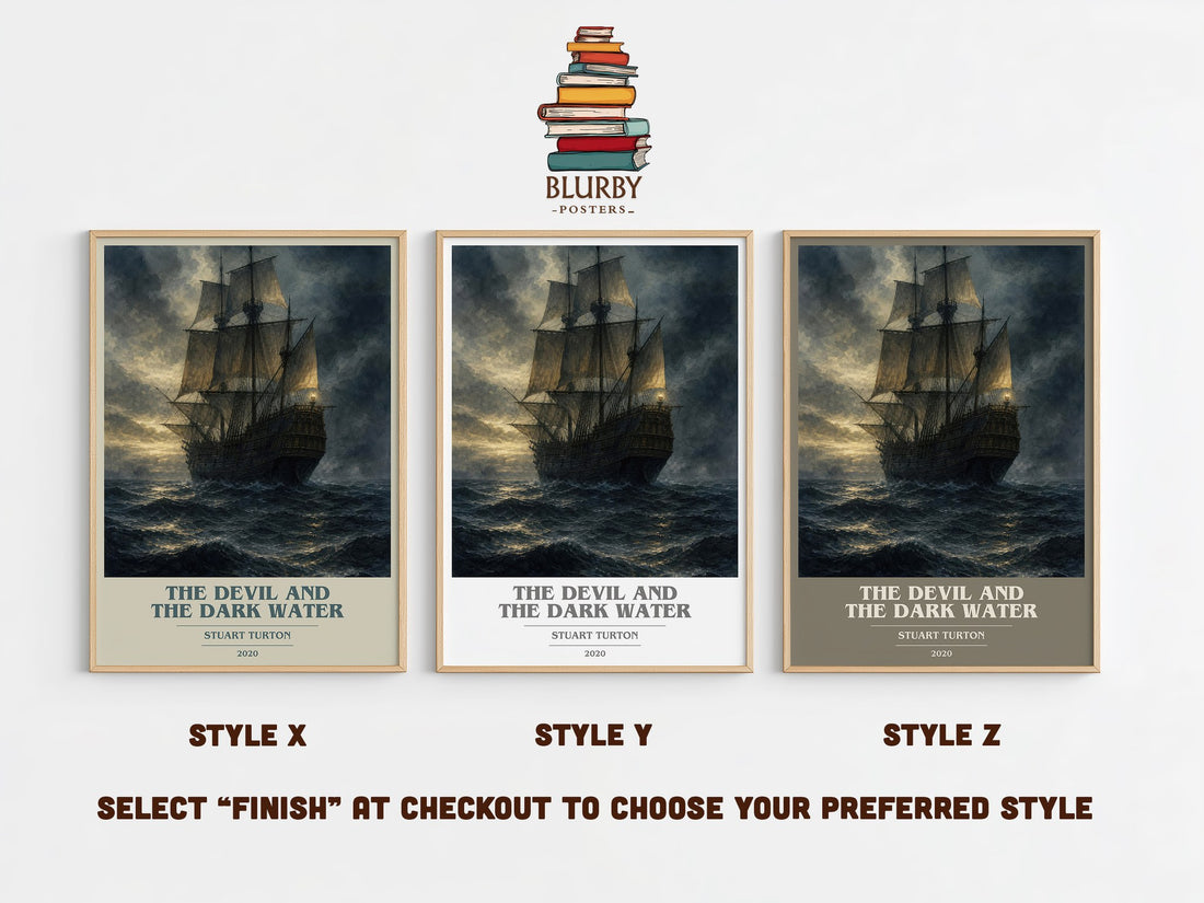 The Devil and the Dark Water book cover print in frame leaning in hallway – mystery wall art (mockup)