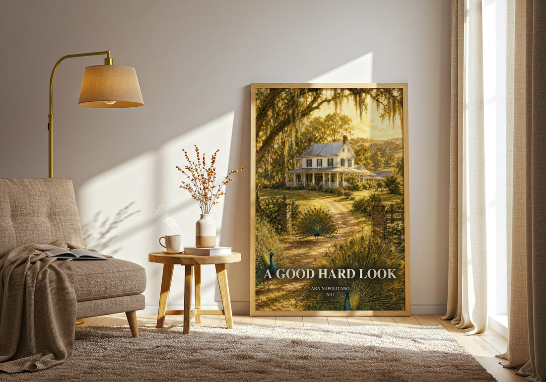 A Good Hard Look watercolour print in frame leaning in hallway – literary fiction wall art (mockup)
