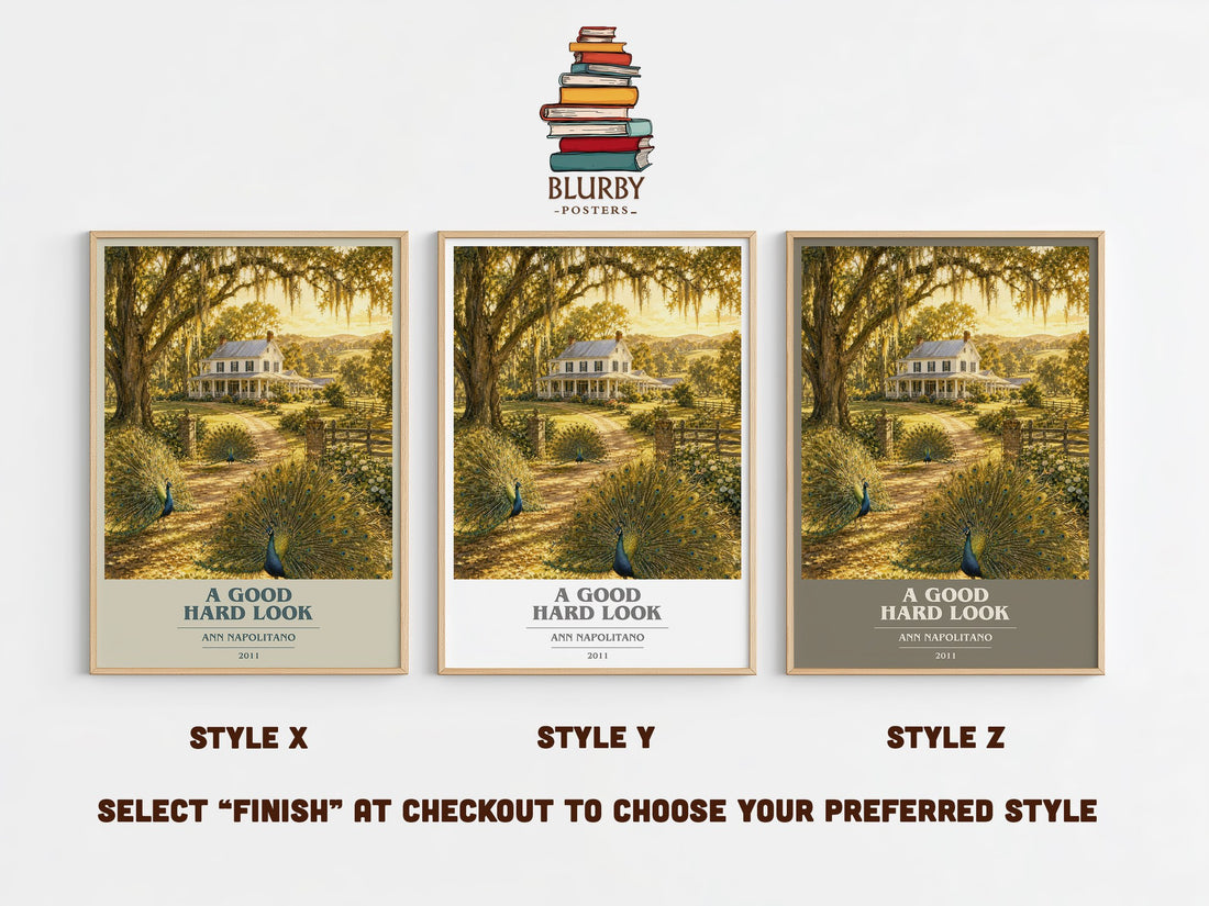 A Good Hard Look book cover print in frame leaning in hallway – literary fiction wall art (mockup)