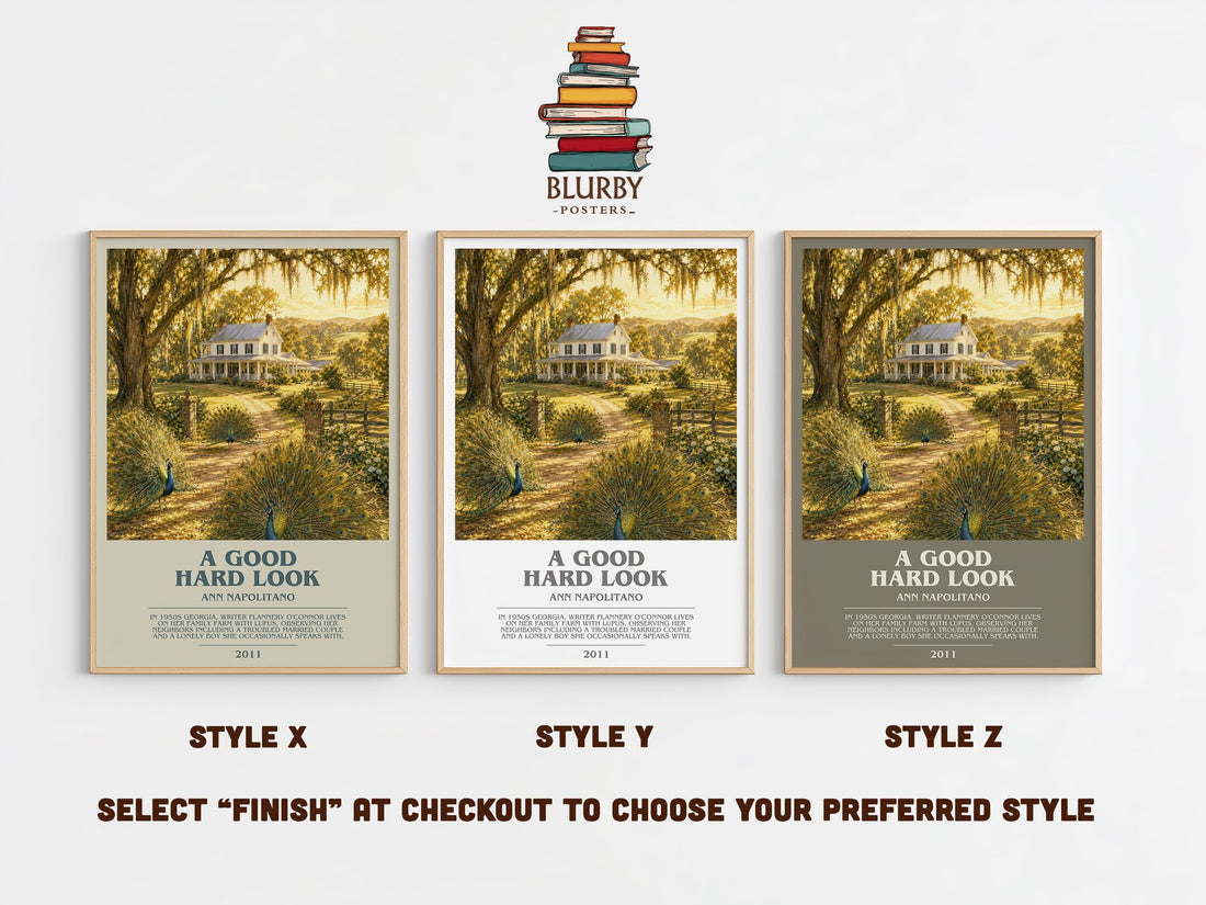 A Good Hard Look bookish print in frame leaning in hallway – literary fiction wall art (mockup)